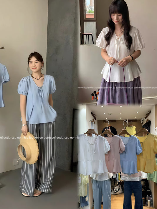 #1073 Breathable Tencel Linen Blend V Neck Top With Ruffled Hem（3 Colors）