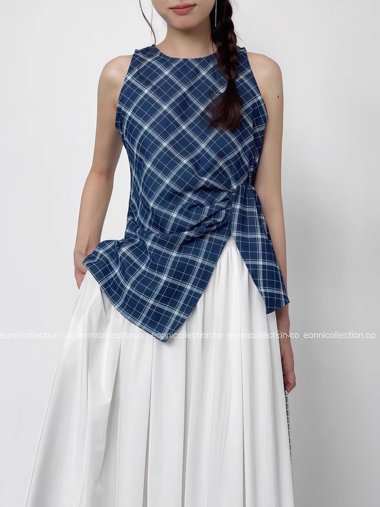 #1072 Navy Checkered Pleated Crop Top Tailored Waist & Side Slit Hem