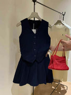 #2017 French Minimalist Linen-Blend Tank Set - Dark Blue