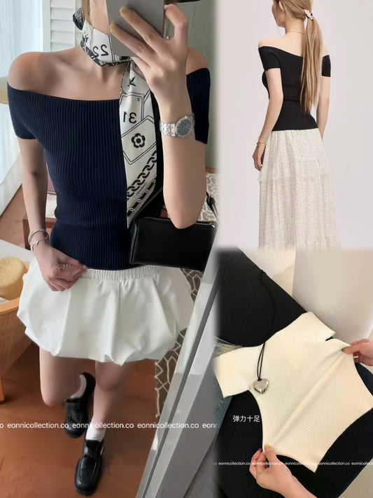 #1083 Ultra Stretch Off Shoulder Knit Top（3 Colors）