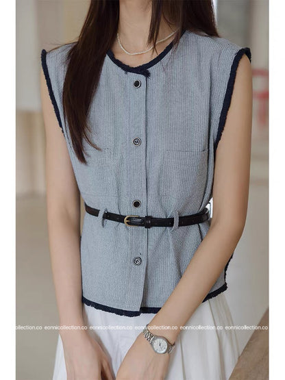 #1092 Chanel Colorblock Vest Raw Edging with Belt (2 Colors)