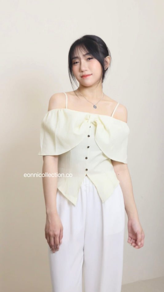 #1036 Elegant Bow Neckline Slim Top - Beige