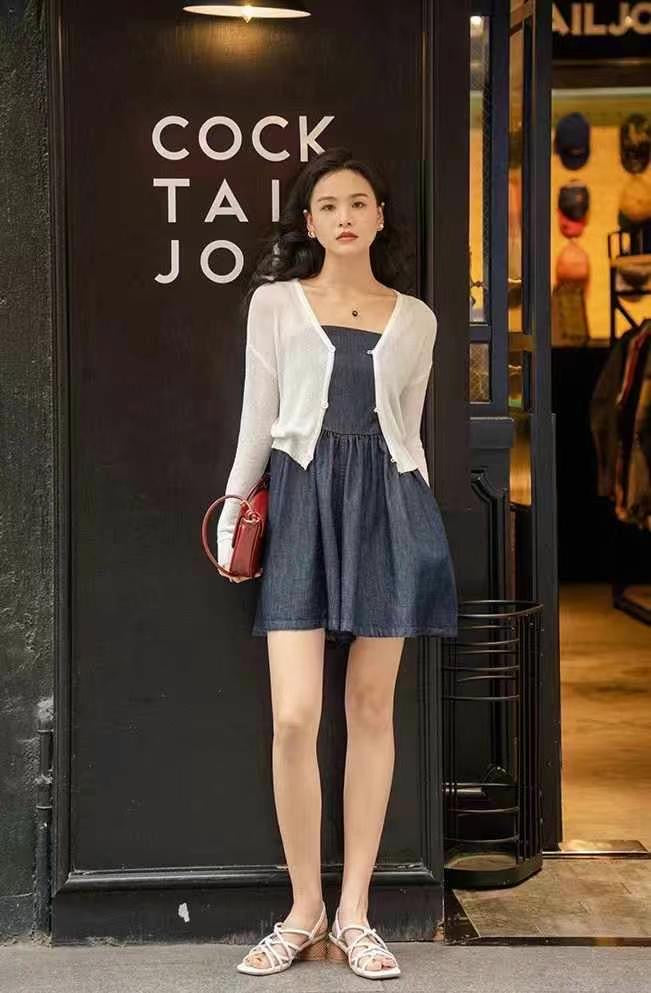 #2007 Soft Denim Cami Dress + Sheer Knit Cardigan | 2-Piece Korean Style Set（2 Colors)