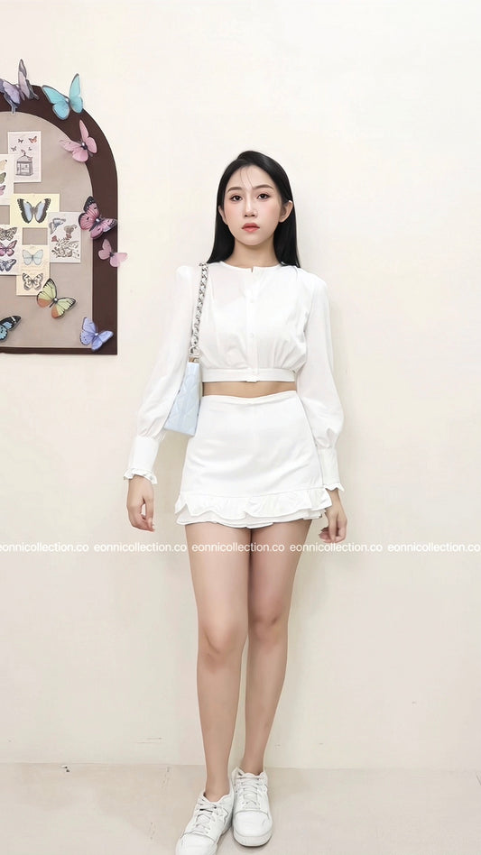 #2070 Parisian Crop Top & Flounced Pencil Skirt Ensemble - White