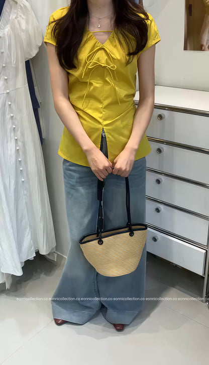 #1079 Crinkled V Neck Blouse Hand Pleated Neckline（4 Colors）