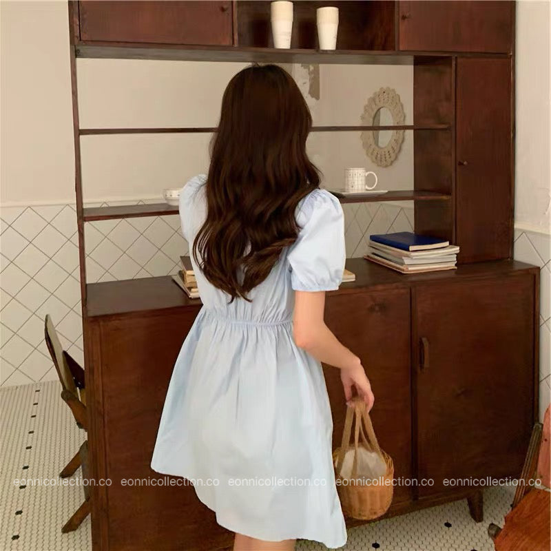 #2095 Korean V Neck Waist Gathered A Line Dress（3 Colors）