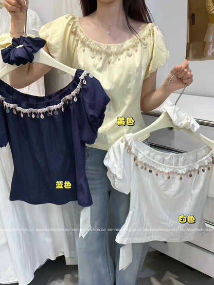 #1062 Off Shoulder Beaded Fringe Puff Sleeve Top + Matching Hair Tie（3 Colors)