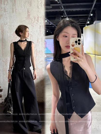 #1065 Runway Inspired Lace Trimmed Blazer Vest