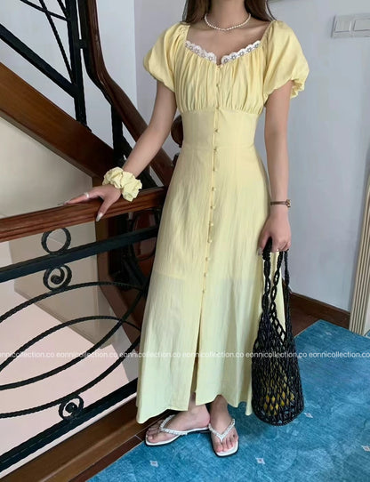 #2087 Romantic Puff Sleeve Square Neck Dress + Hair Tie Set（3 Colors）