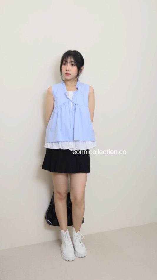#1054 Korean Style Mock Two Piece Ruffled Sleeveless Blouse - Blue