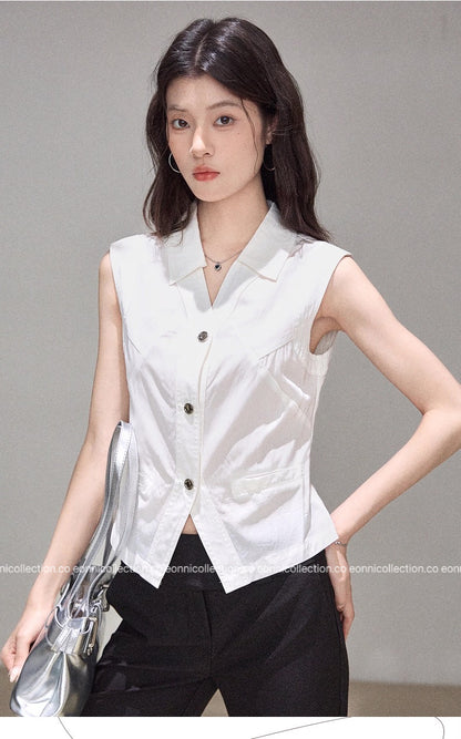 #1093 French Minimal Vest Style Blouse（2 Colors）