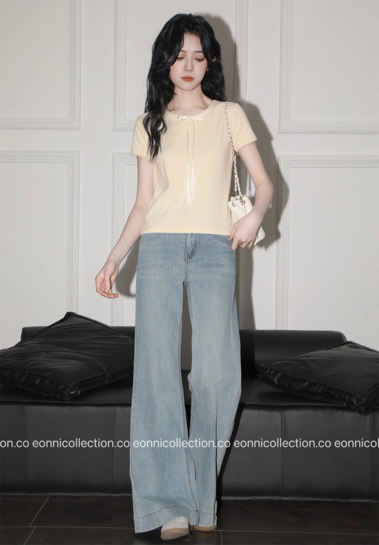 #1048 Bow And Lace Accent T-Shirt （2 Colors）