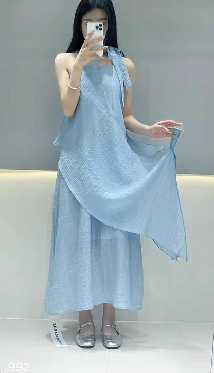 #2011 Effortless French Halter Dress Set - Sky Blue