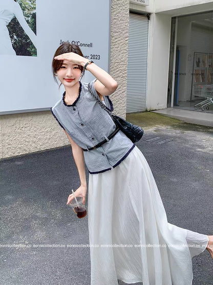 #1092 Chanel Colorblock Vest Raw Edging with Belt (2 Colors)