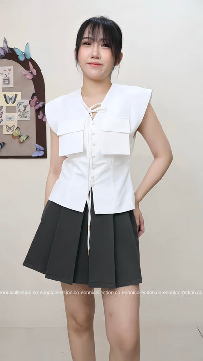 #1064 Tie Front Button Detail Flutter Sleeve Top - White
