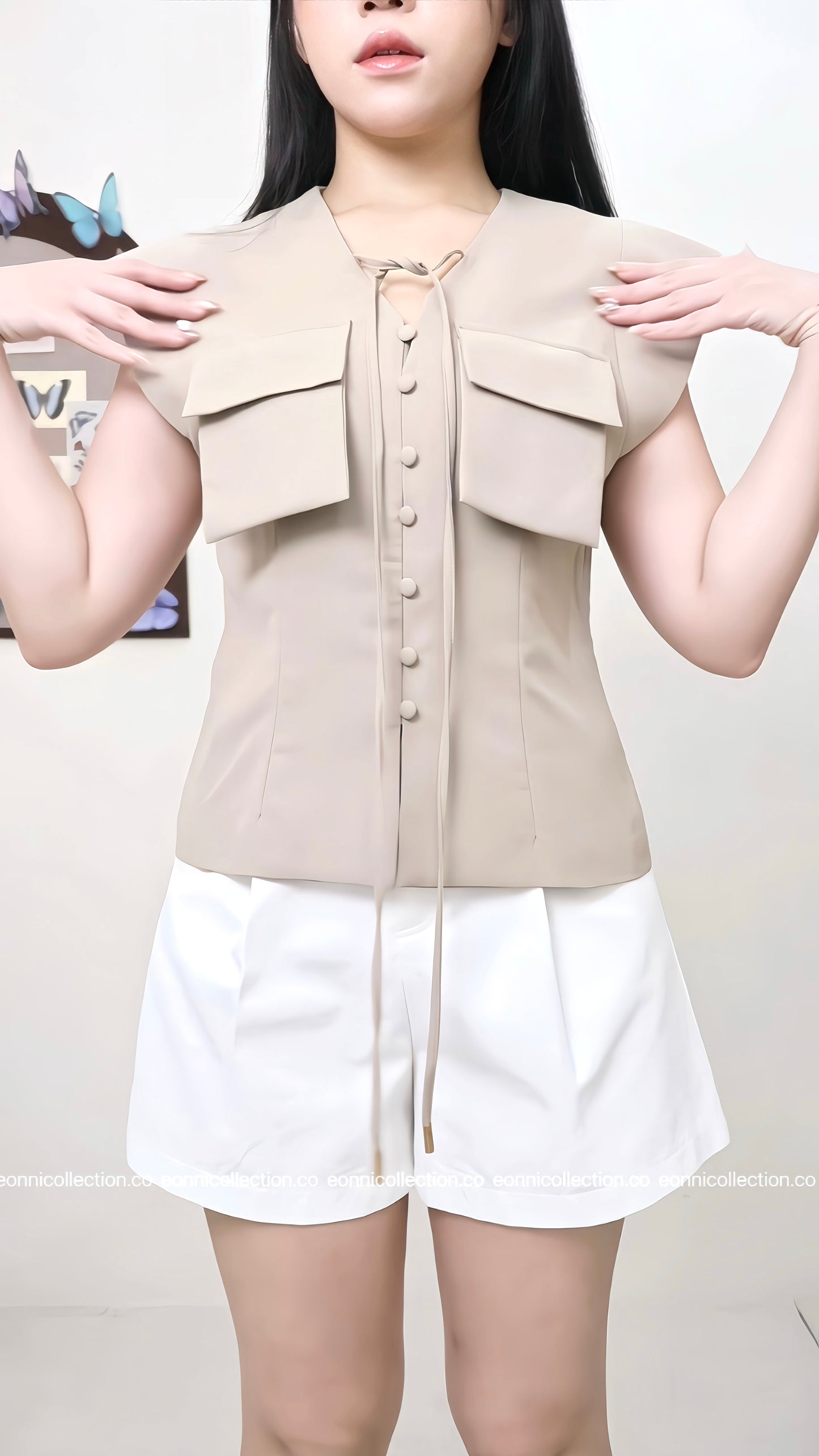 #1064 Tie Front Button Detail Flutter Sleeve Top - Khaki