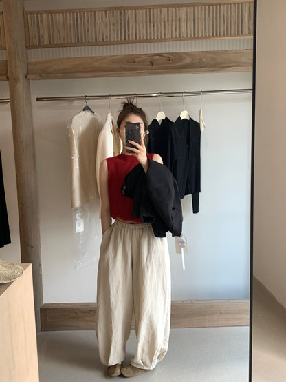 #3017 Japanese Inspired Tencel Cotton Wide Leg Pant - Relaxed Lantern Silhouette - Beige
