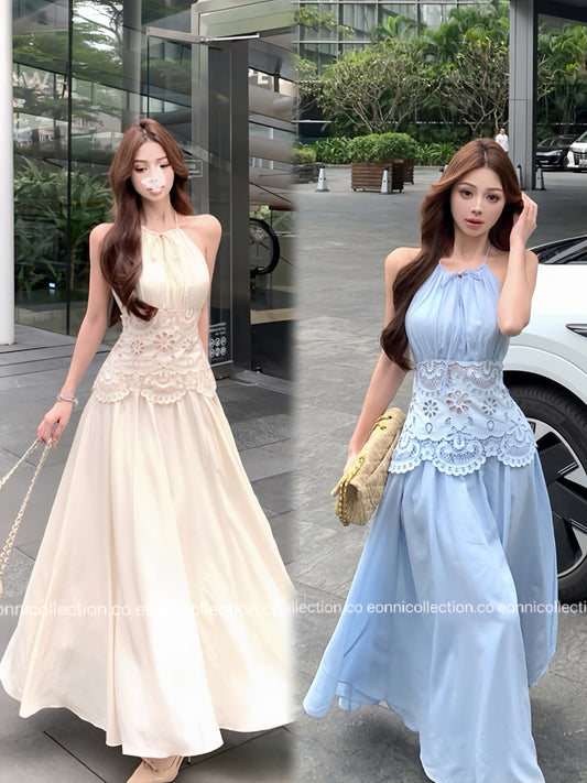 #2075 Halter Neck Maxi With Lace Panels & Cut Out Detailing（2 Colors）