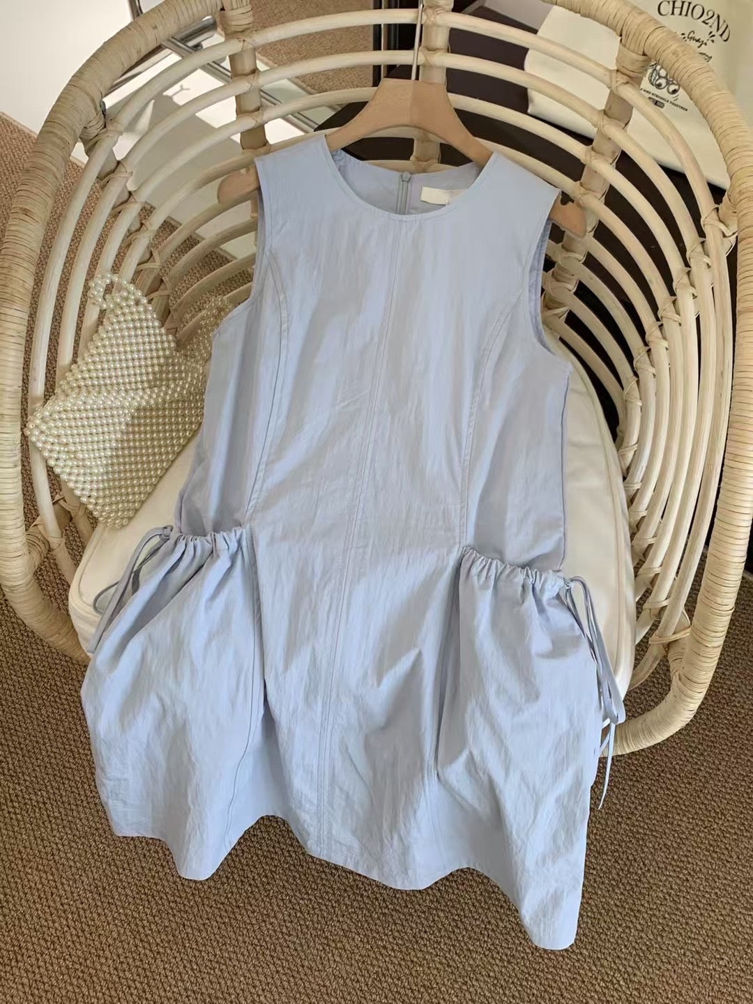 #2030 Korean Style Drawstring Pocket Tank Dress - Blue