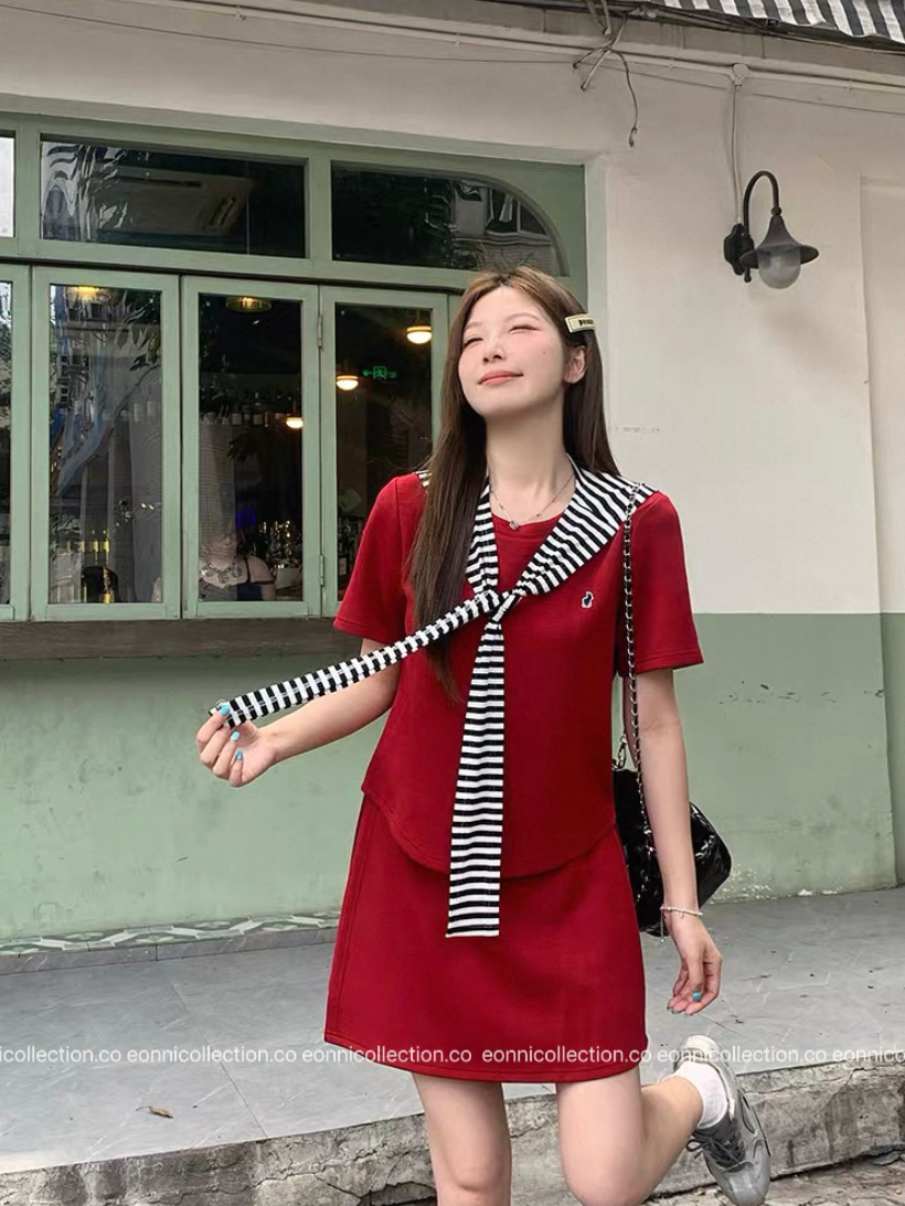 #2061 Korean Style Casual T Shirt + Cover Up High Waist Mini Skirt Three Piece Set（3 Colors）