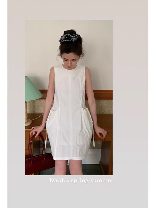 #2030 Korean Style Drawstring Pocket Tank Dress - White