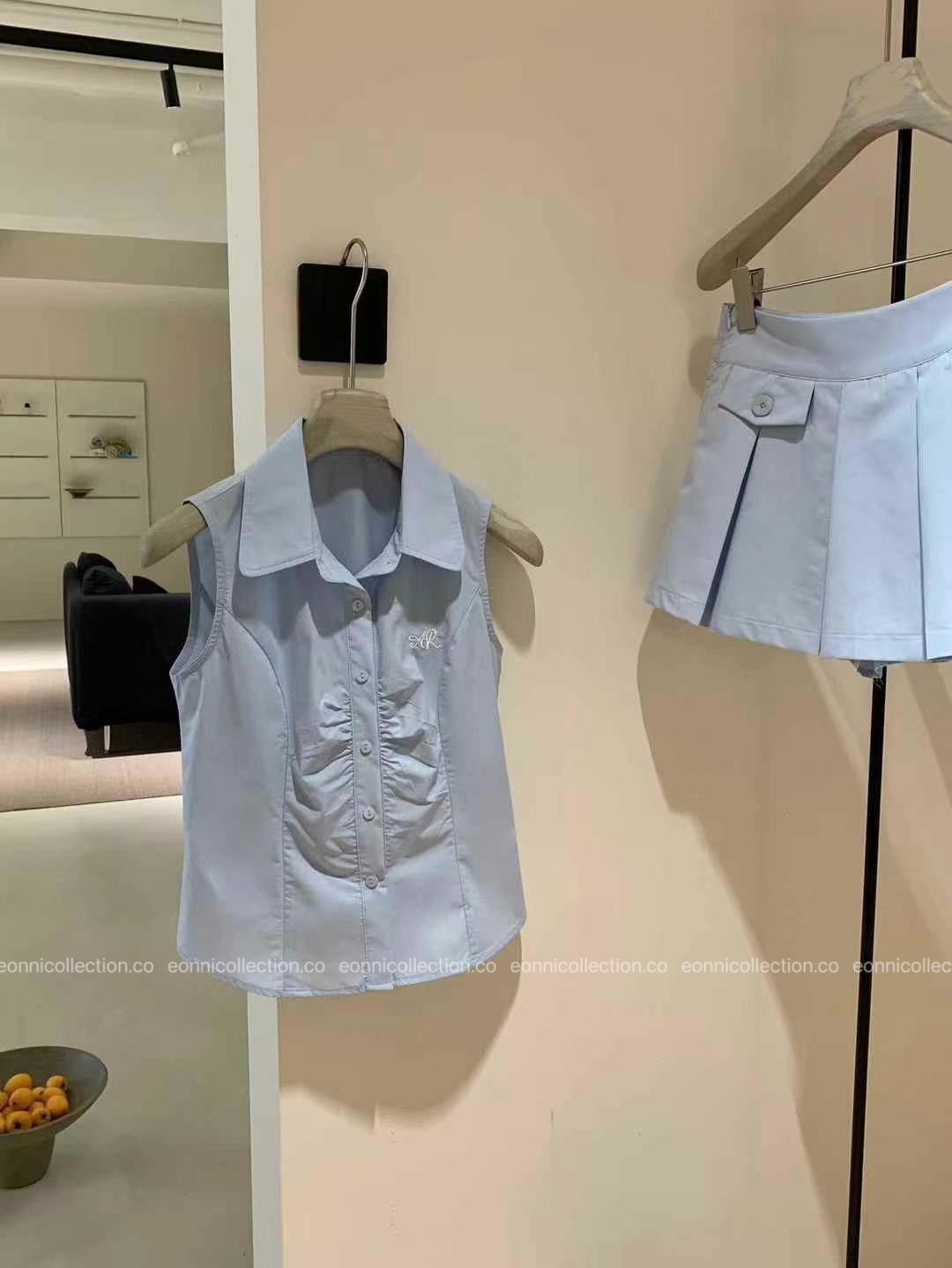 #2053 Petite Broderie Sleeveless Blouse & Plisse Skirt Set