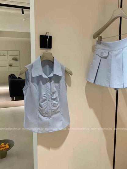 #2053 Petite Broderie Sleeveless Blouse & Plisse Skirt Set