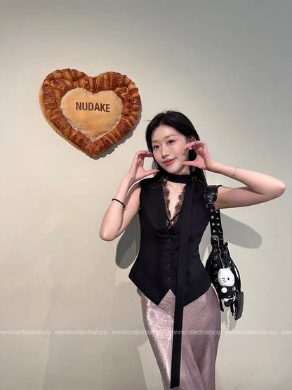 #1065 Runway Inspired Lace Trimmed Blazer Vest