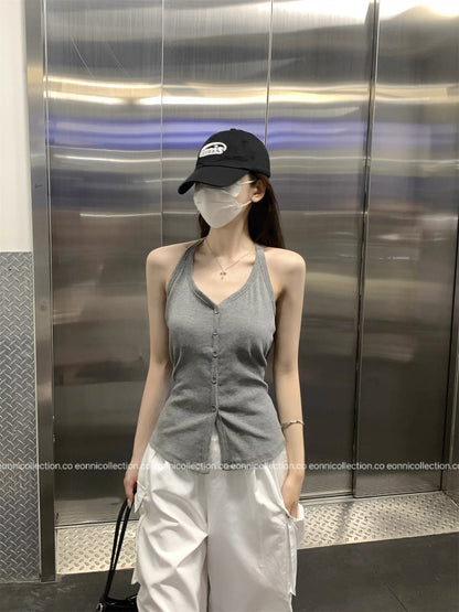 #1084 Padded Sassy Halter Top - Grey
