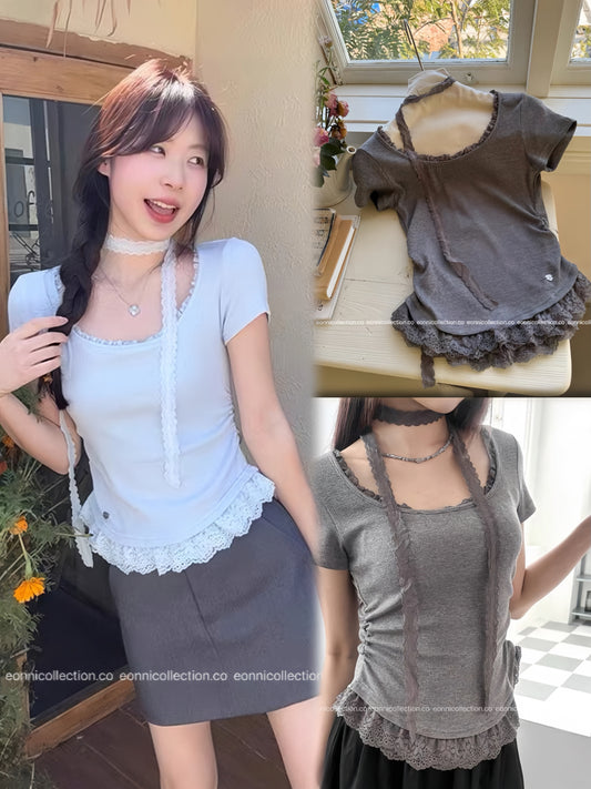 #1059 Lace Paneled Top w/ Lace Tie（2 Colors）