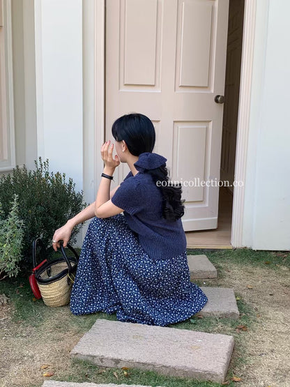#1025 Korean-Style Lightweight Knit Sweater Short-Sleeve Top With Matching Hair Tie - Dark Blue