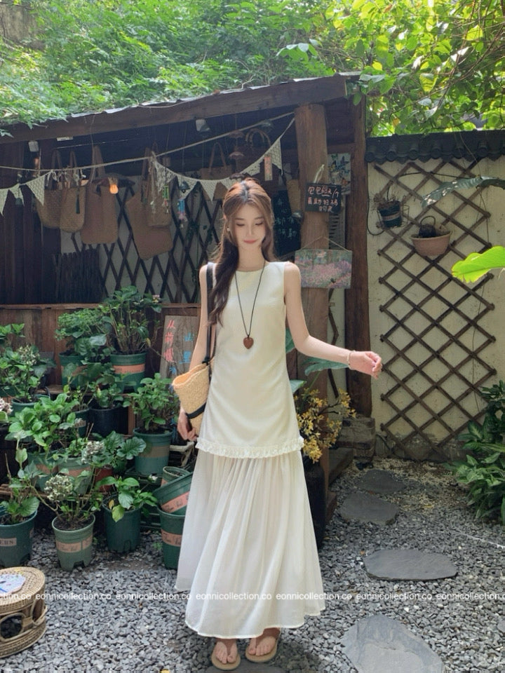 #2050 Vest Dress in Cotton Linen with Artisan Tiered Panels（3 Colors）