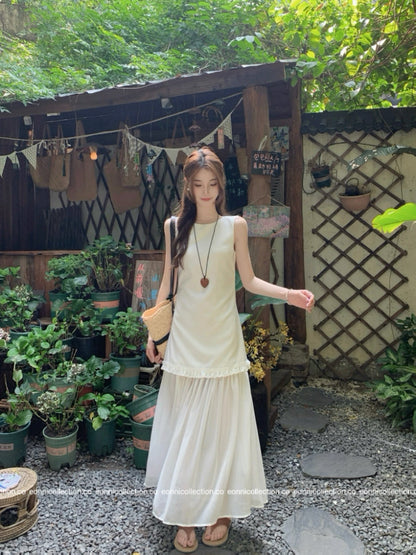 #2050 Vest Dress in Cotton Linen with Artisan Tiered Panels（3 Colors）