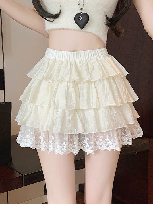 #3018 Lace Paneled A-Line Tiered Skirt - Cream