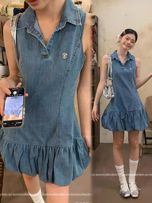 #2116 Korean Denim Bubble Hem Tank Dress