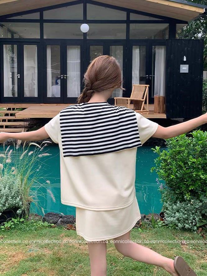 #2061 Korean Style Casual T Shirt + Cover Up High Waist Mini Skirt Three Piece Set（3 Colors）