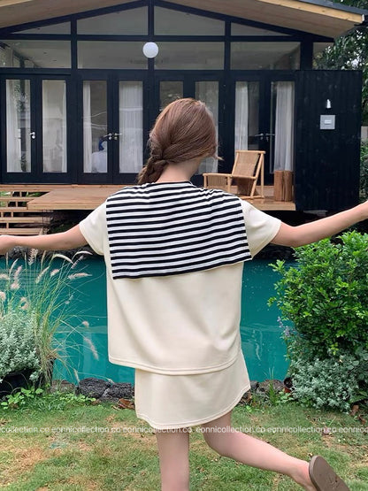 #2061 Korean Style Casual T Shirt + Cover Up High Waist Mini Skirt Three Piece Set（3 Colors）