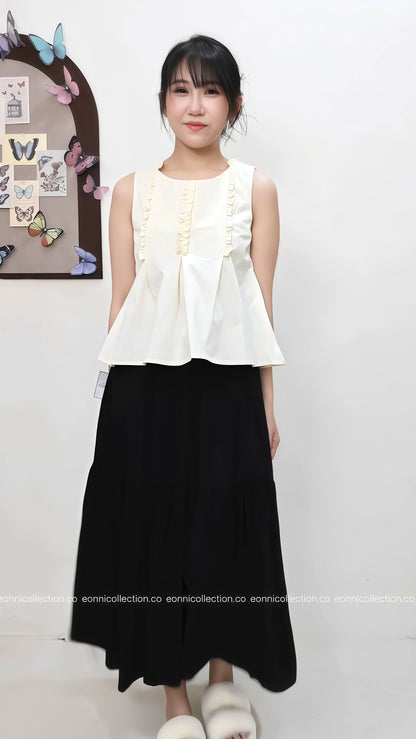 #1075 Sleeveless Pressed Pleats With Ruffle Design Blouse - Yellow