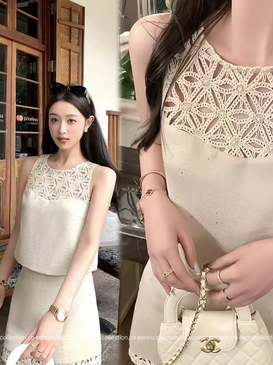 #2051 Women Boucle Set With Delicate Cutwork & Lace Coordinates