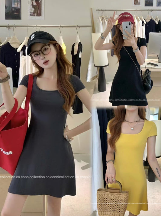 #2091 Minimalist Square Neck A Line Dress（3 Colors）