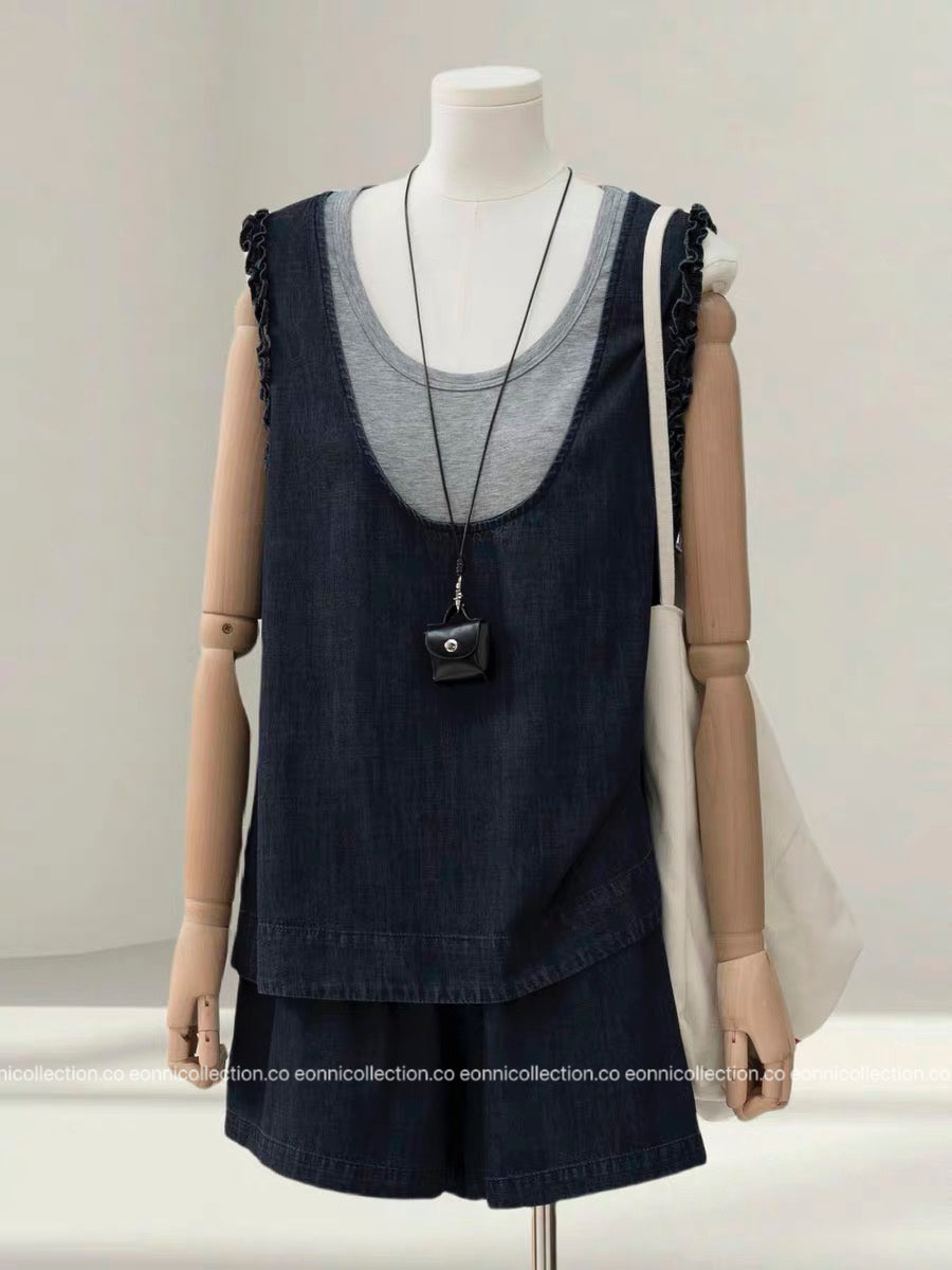 #2107 Colorblock Layered-Look Tank & Denim Shorts Set