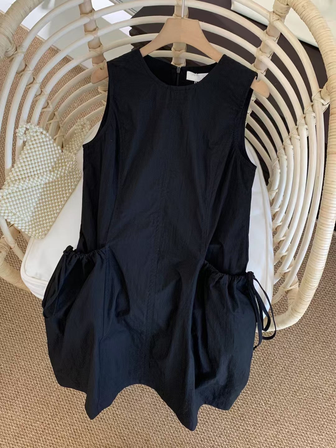 #2030 Korean Style Drawstring Pocket Tank Dress - Black