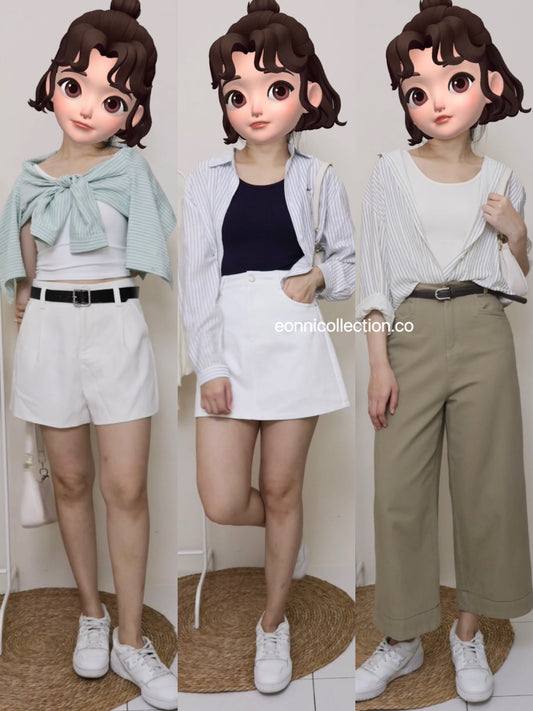 #1028 Long-Sleeve Striped Shirt & Sleeveless Tank Top Set - Beige