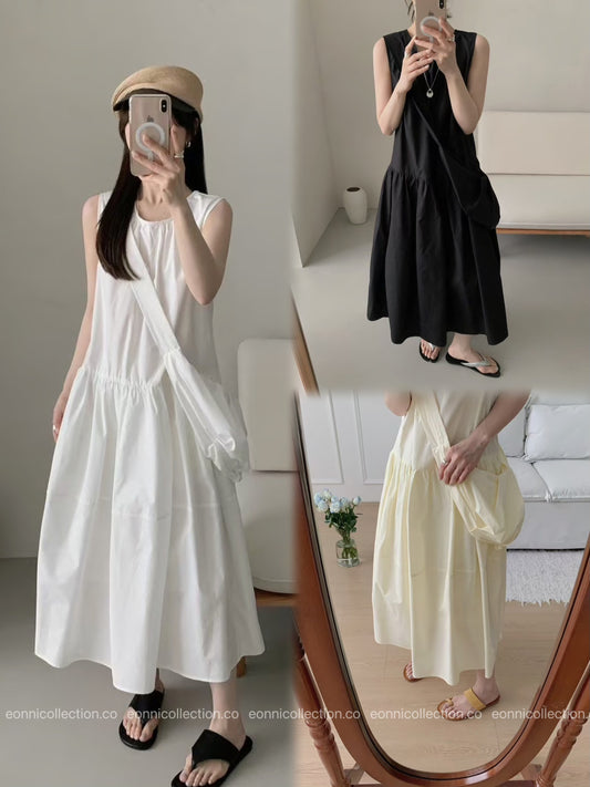 #2097 French Style Loose Fit Cotton Maxi Dress with Crossbody Hobo Bag（3 Colors）
