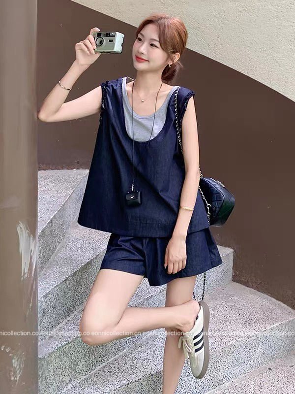 #2107 Colorblock Layered-Look Tank & Denim Shorts Set