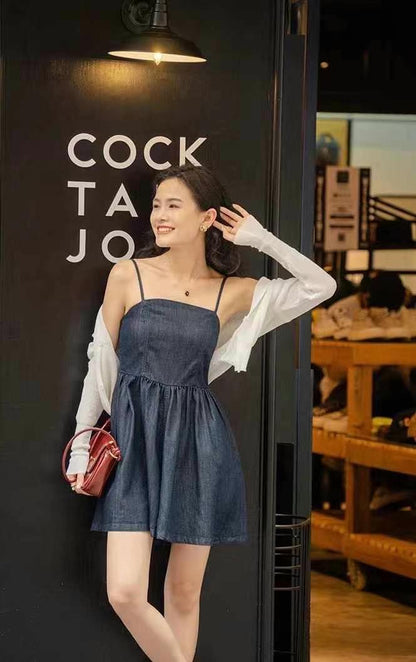 #2007 Soft Denim Cami Dress + Sheer Knit Cardigan | 2-Piece Korean Style Set（2 Colors)