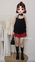#1049 Flowy Chiffon Camisole With Cascading Ruffle Trim w/ Scarf - Black