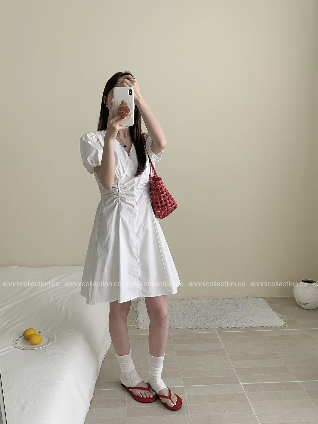 #2095 Korean V Neck Waist Gathered A Line Dress（3 Colors）
