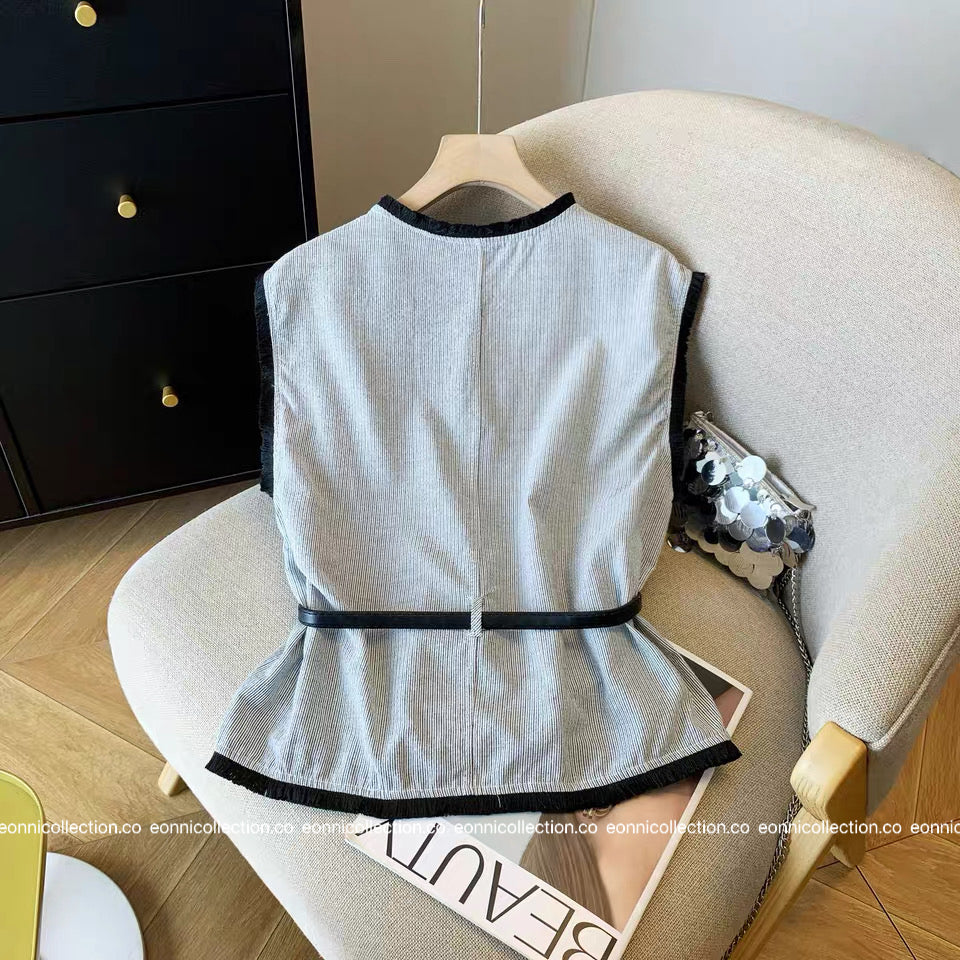 #1092 Chanel Colorblock Vest Raw Edging with Belt (2 Colors)