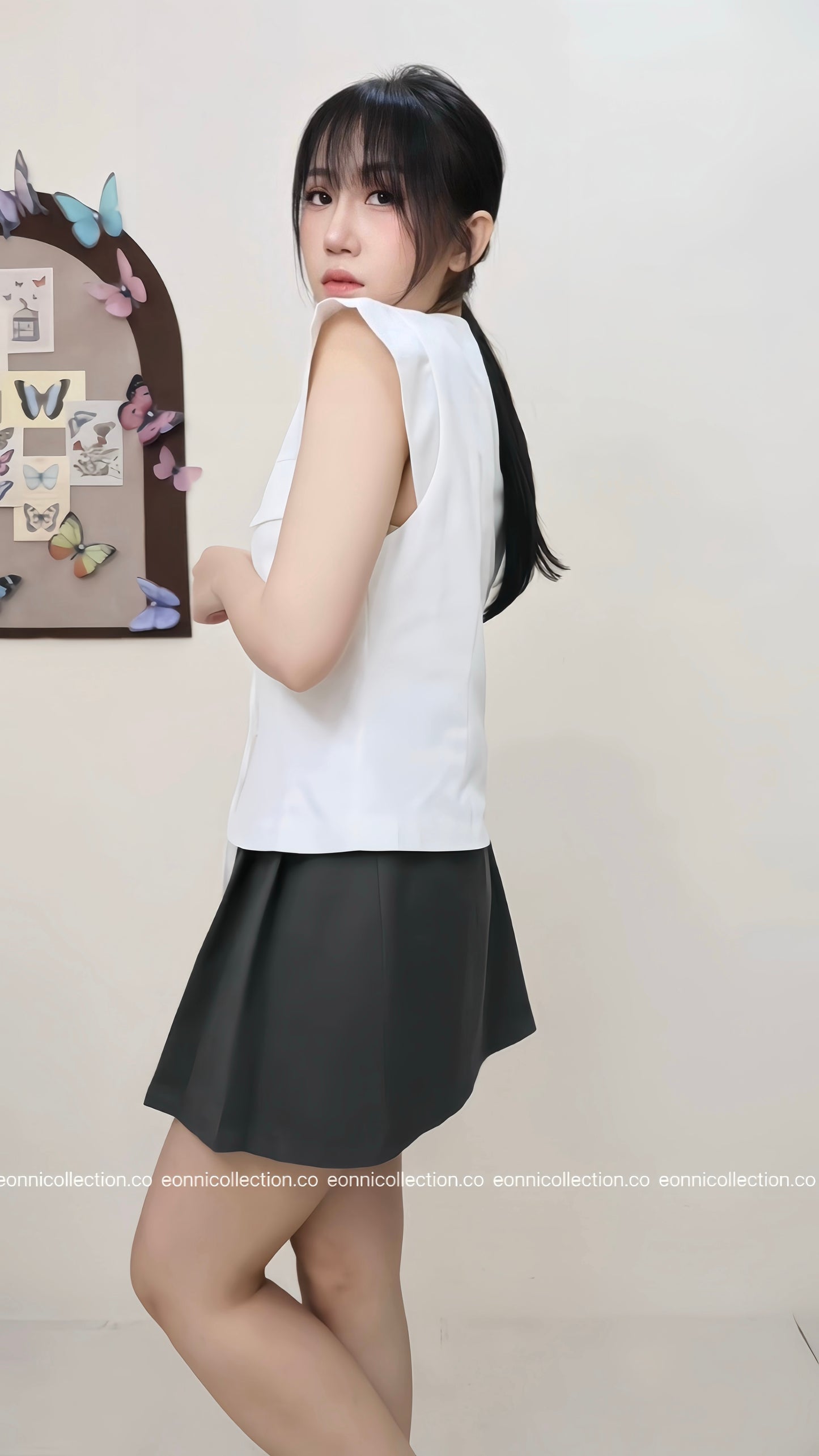 #1064 Tie Front Button Detail Flutter Sleeve Top - White